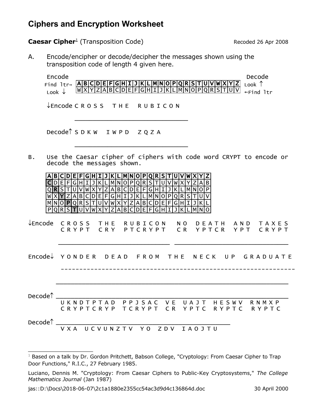 Ciphers and Encryption Worksheet