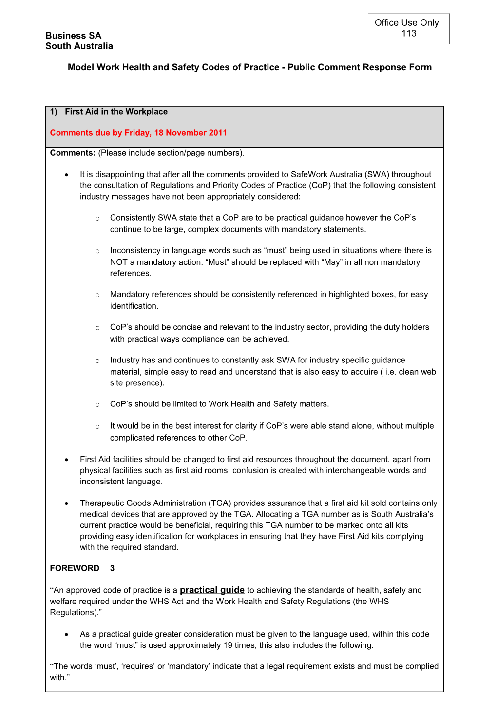 Model Work Health and Safety Codes of Practice - Public Comment Response Form