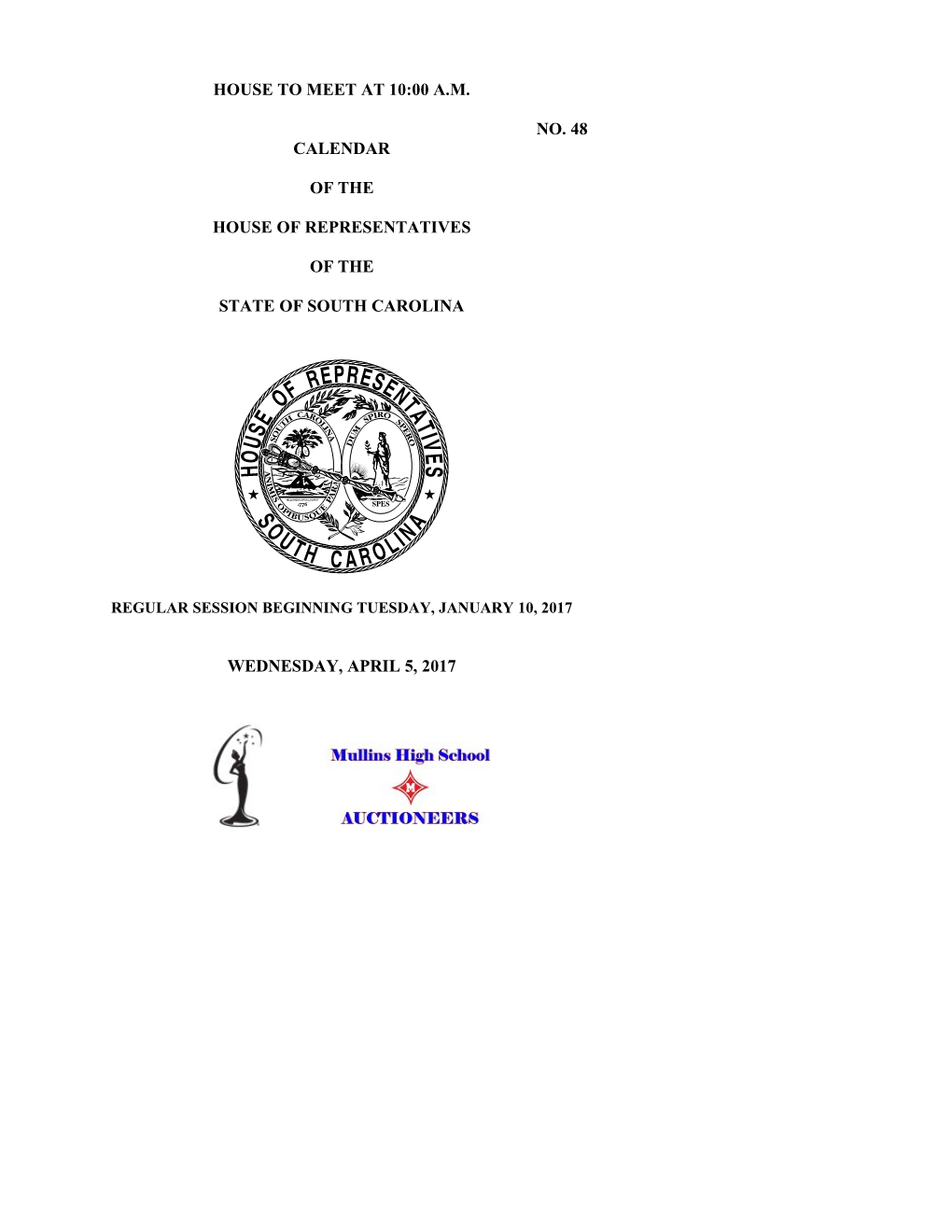 House Calendar for 4/5/2017 - South Carolina Legislature Online