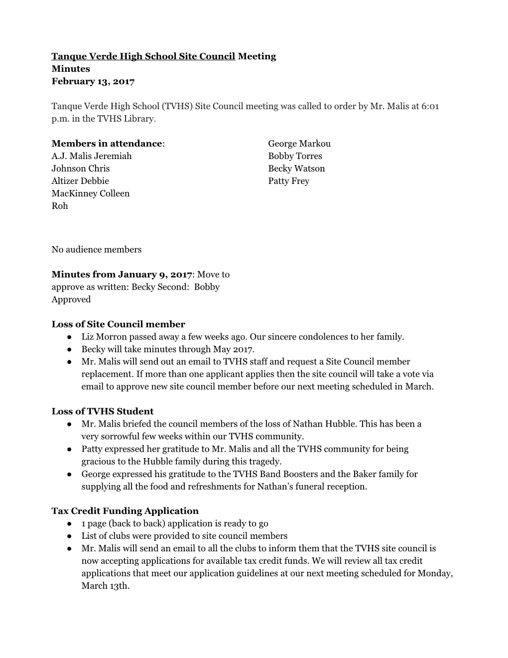 Tanque Verde High School Site Council Meeting Minutes