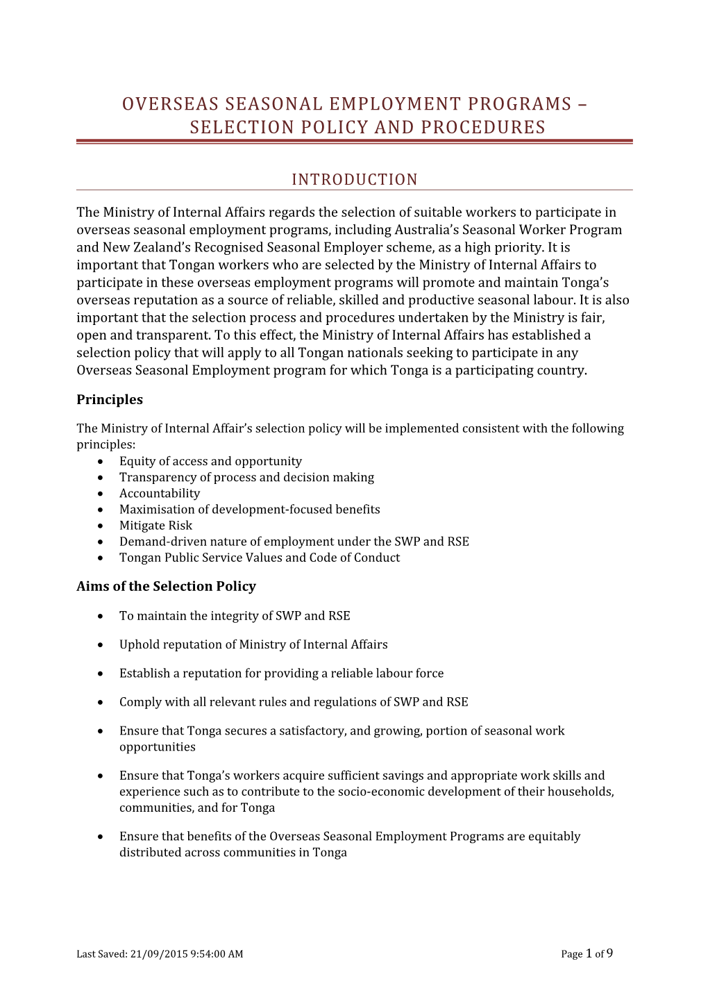 Overseas Seasonal Employment Programs Selection Policy and Procedures