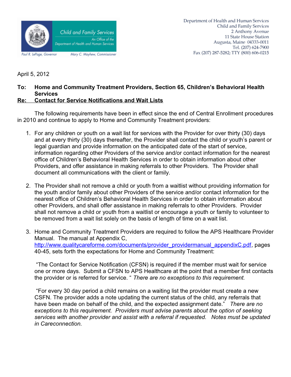 To:Home and Community Treatment Providers, Section 65, Children S Behavioral Health Services