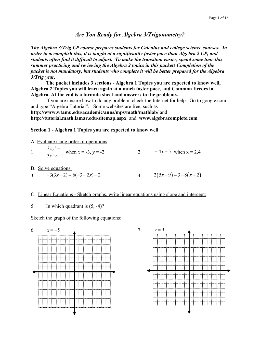 Are You Ready for Algebra 3/Trigonometry