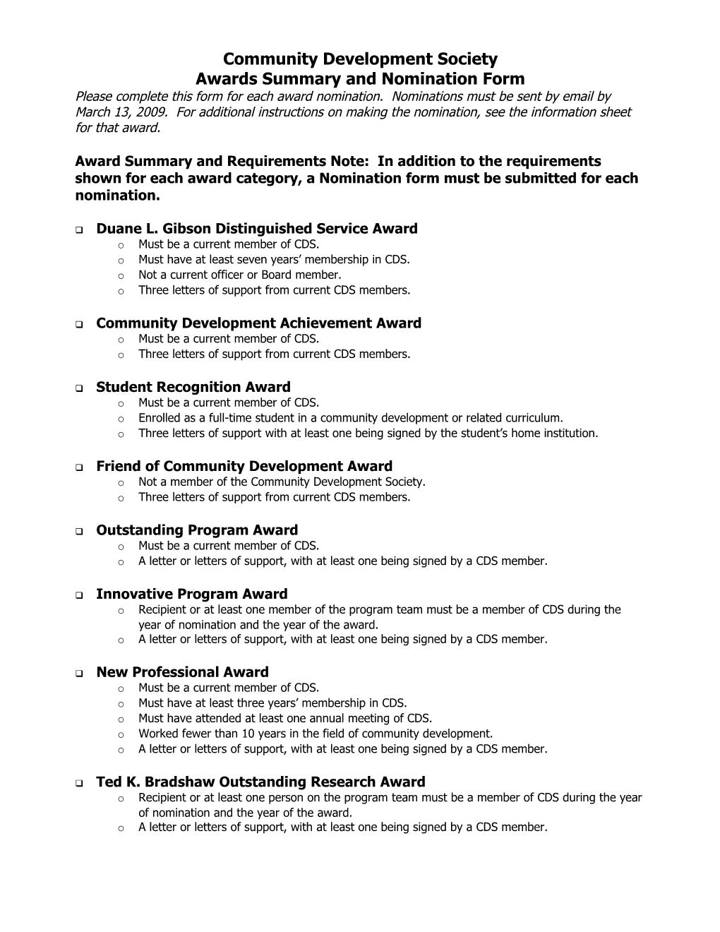 Community Development Society Awards Nomination Form