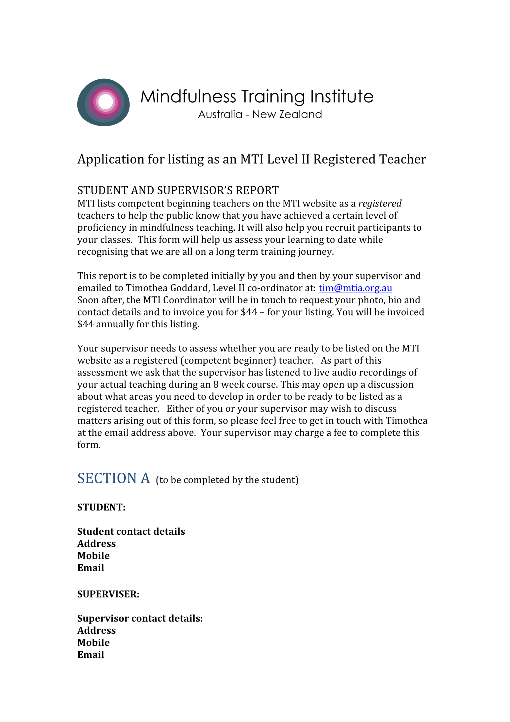 Application for Listing As an MTI Level II Registered Teacher