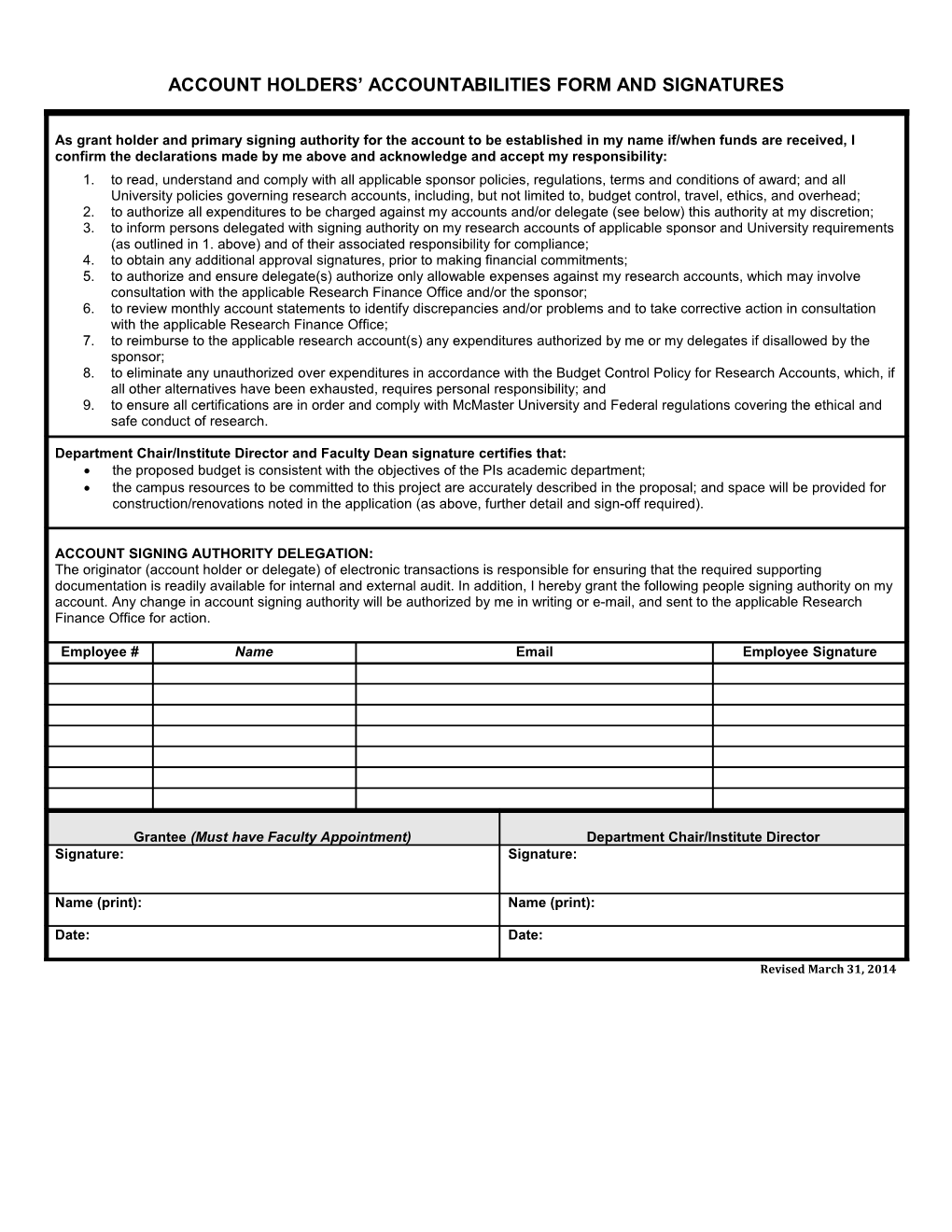 Account Holders Accountabilities Form and Signatures