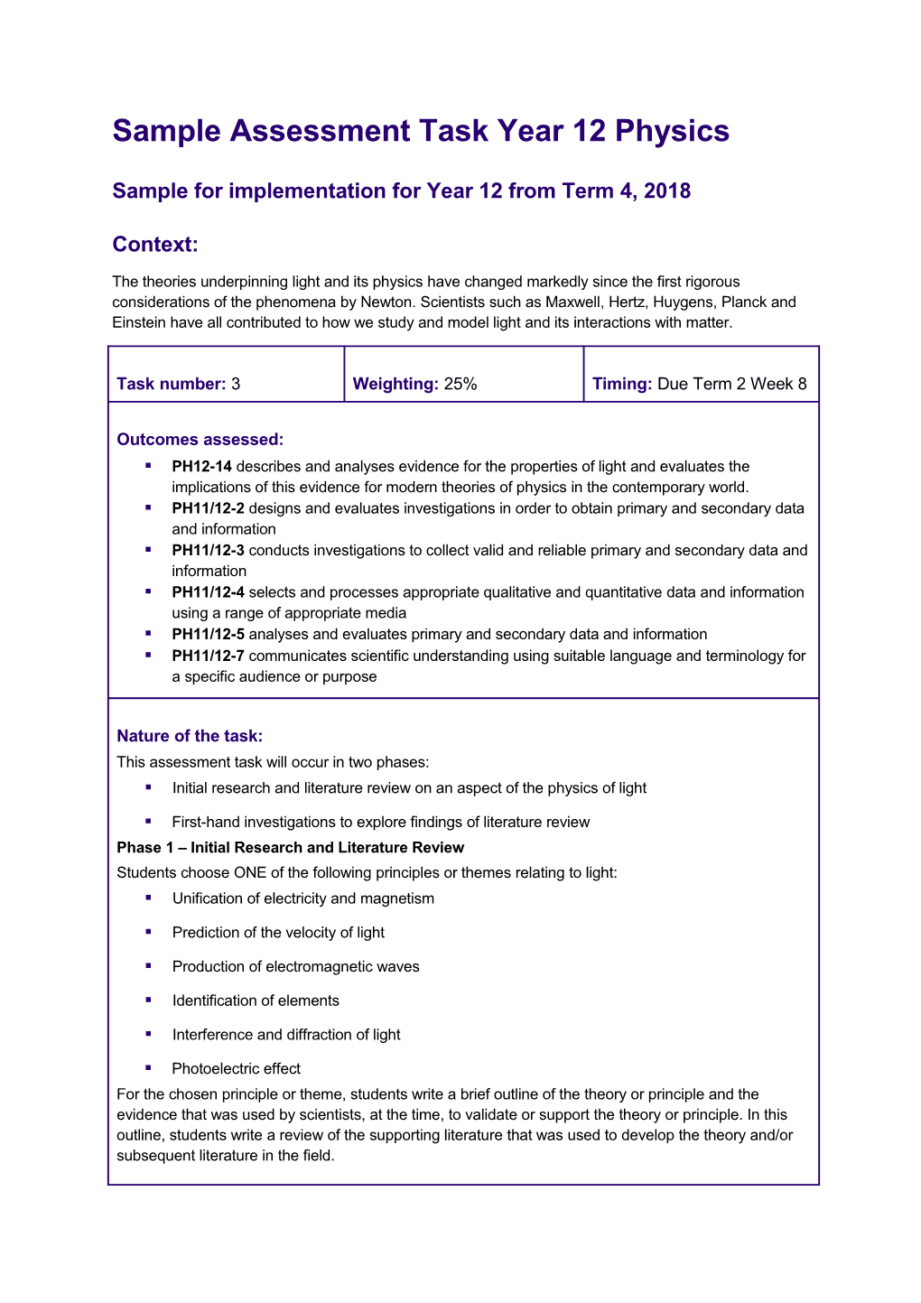 Sample Assessment Task Yr 12 Physics D2017/3926