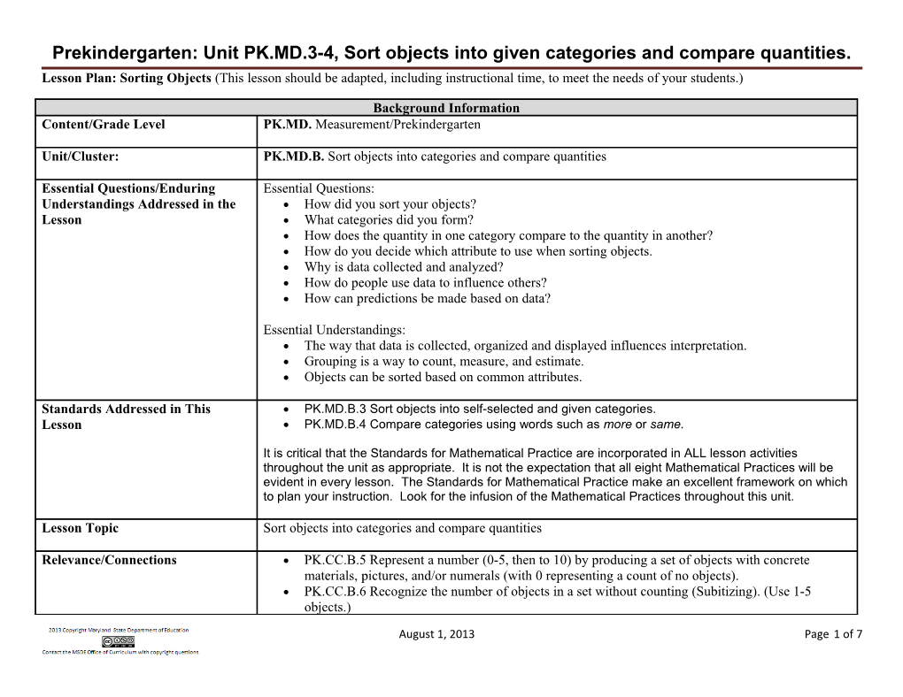 Prekindergarten: Unit PK.MD.3-4, Sort Objects Into Given Categories and Compare Quantities