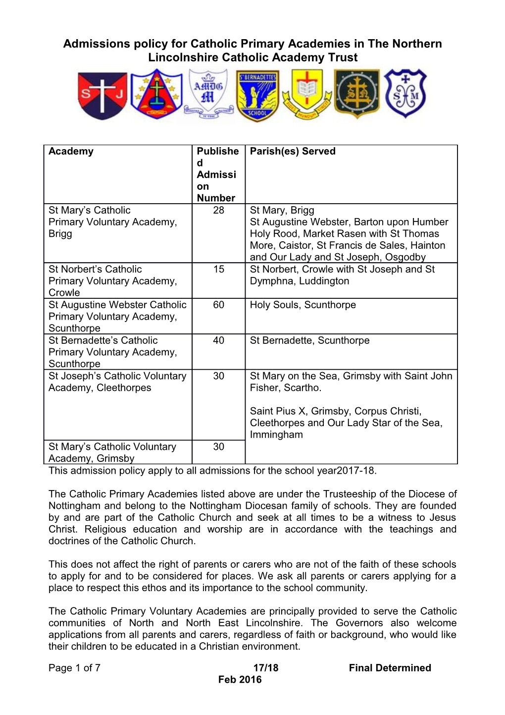 Admissions Policy for Catholic Primary Academies in the Northern Lincolnshire Catholic