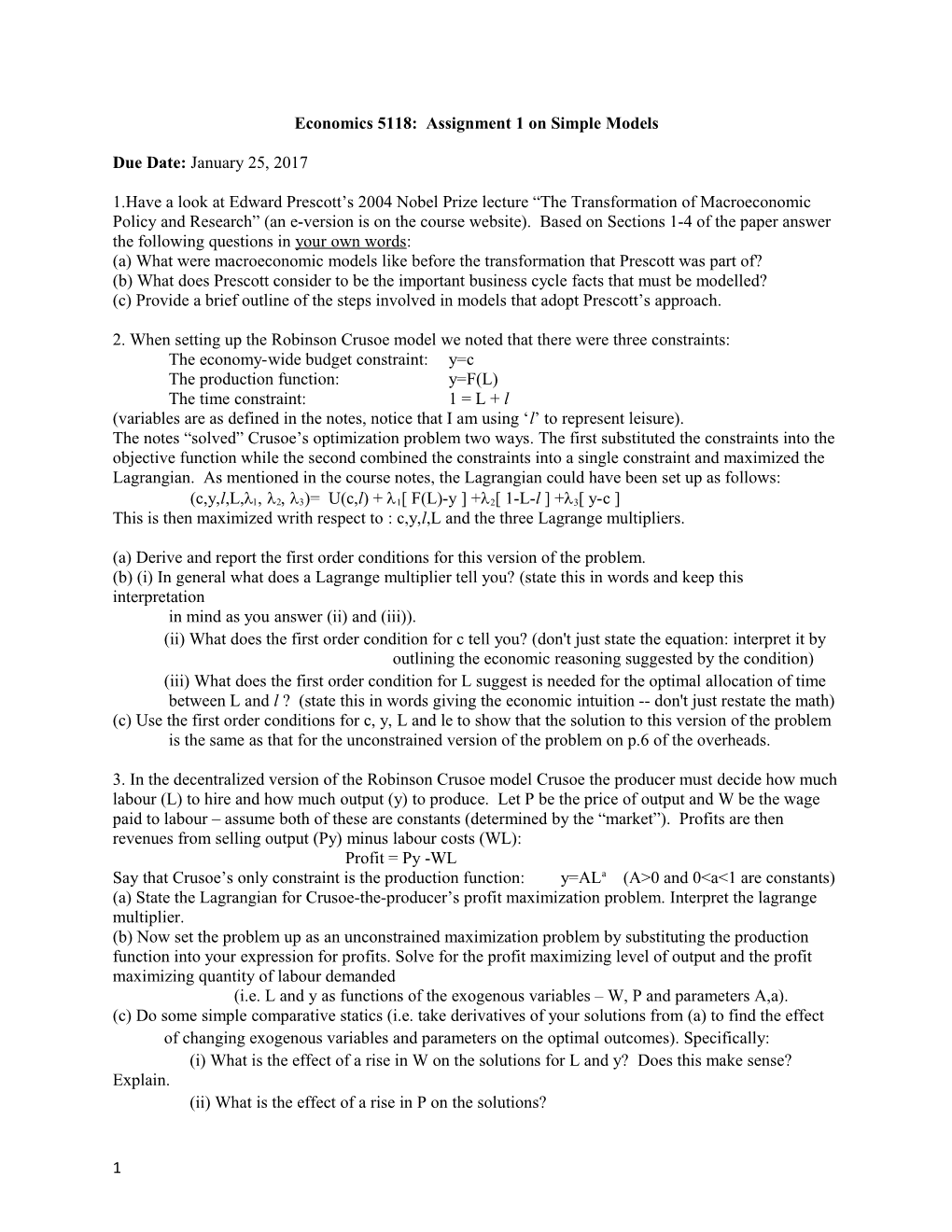 Economics 5118: Assignment 1 on Simple Models