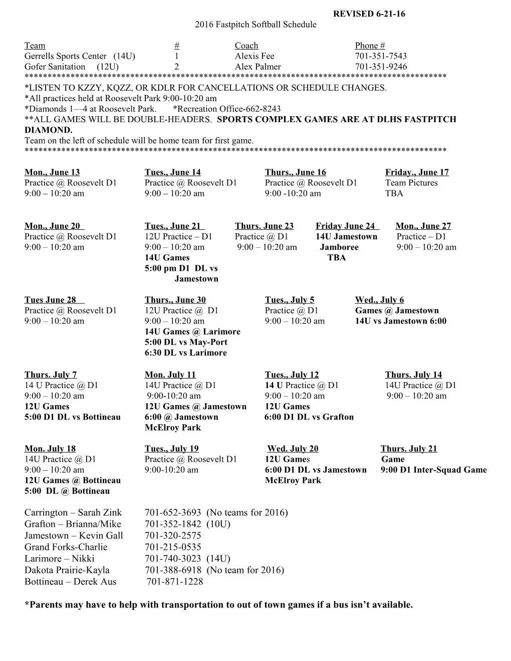 2005 Ponytail Softball Schedule