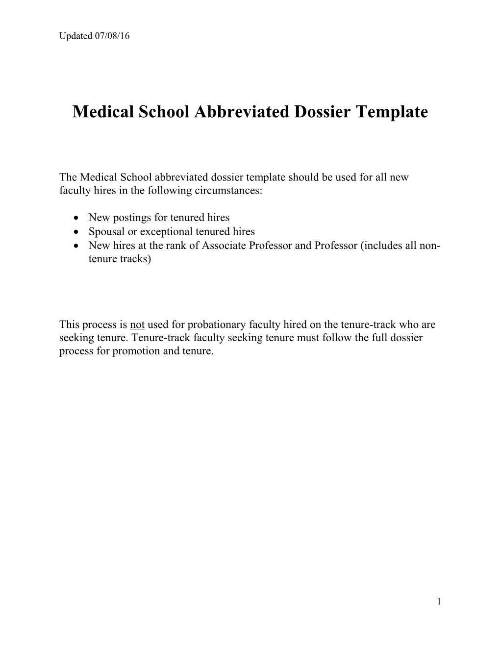 Abbreviated Dossier for Tenured Hires