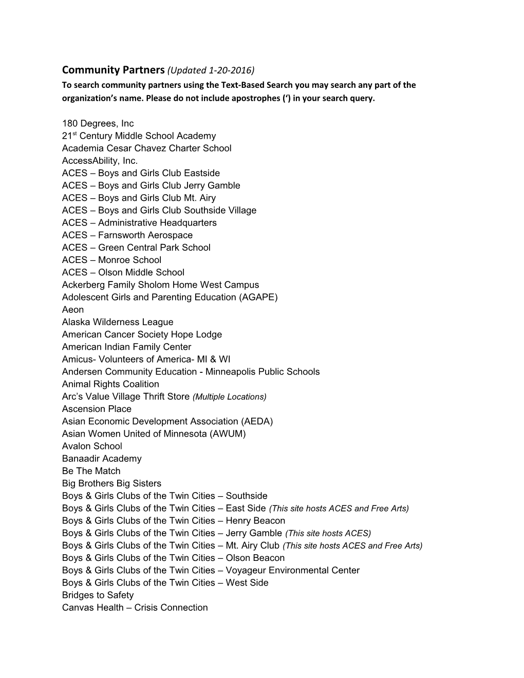 Community Partners (Updated 1-20-2016)