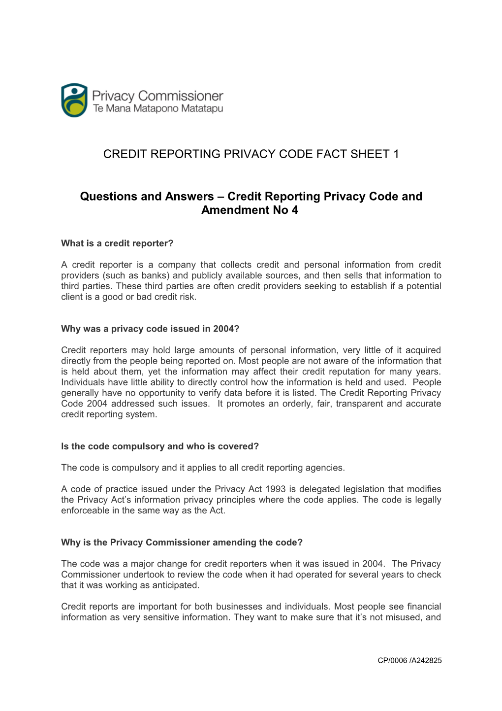 Questions and Answers Credit Reporting Privacy Code and Amendment No 4