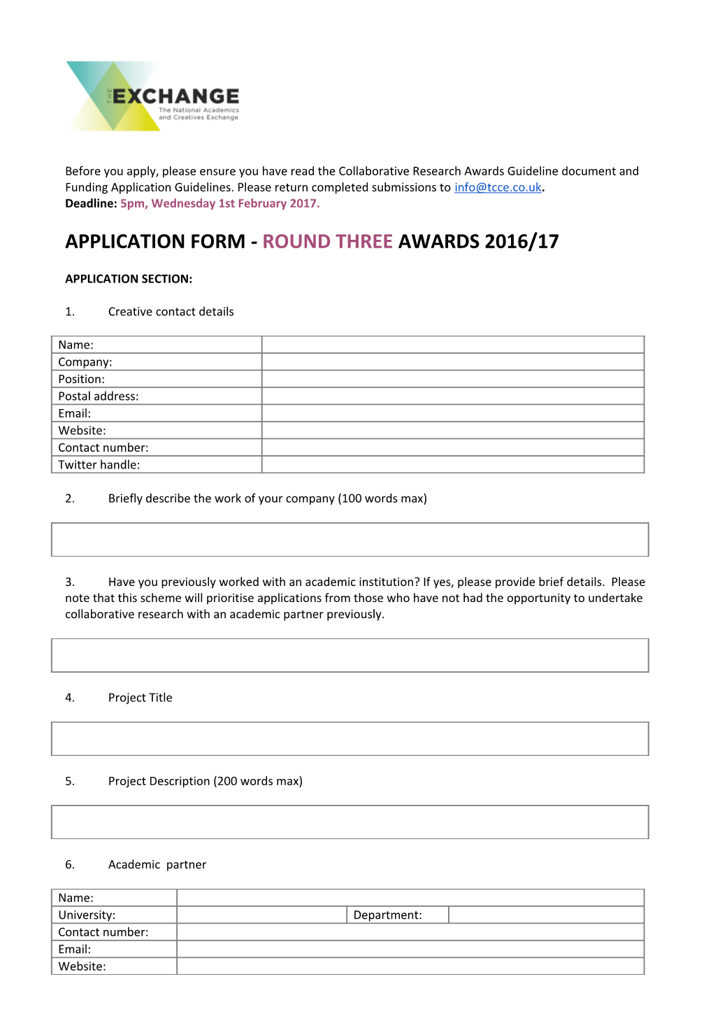 Application Form - Round Three Awards 2016/17