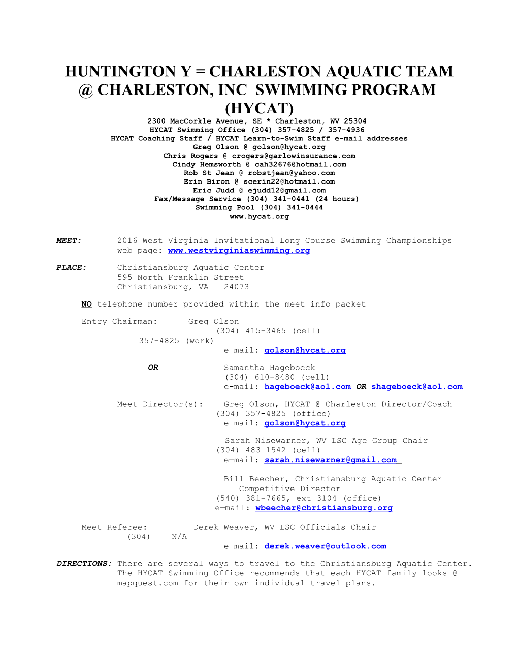 Huntington Y = Charleston Aquatic Team