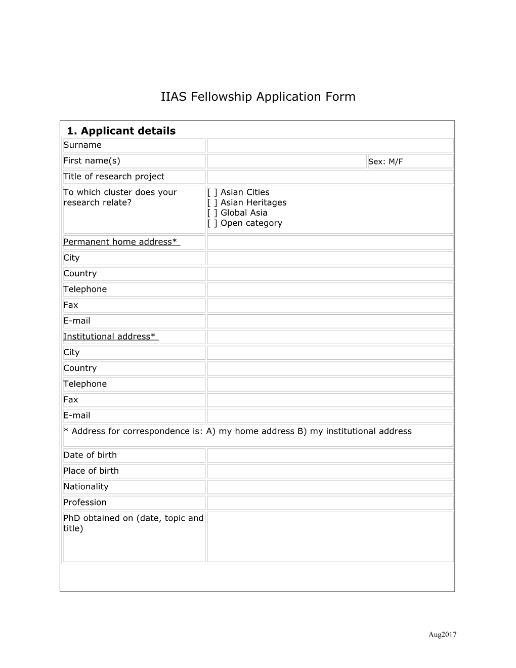 IIAS Fellowship Application Form 2011