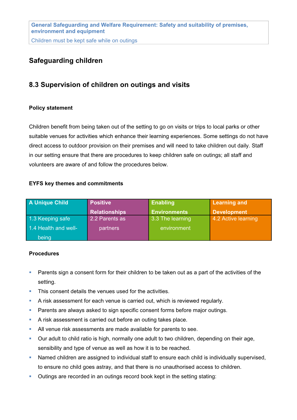 8.3 Supervision of Children on Outings and Visits