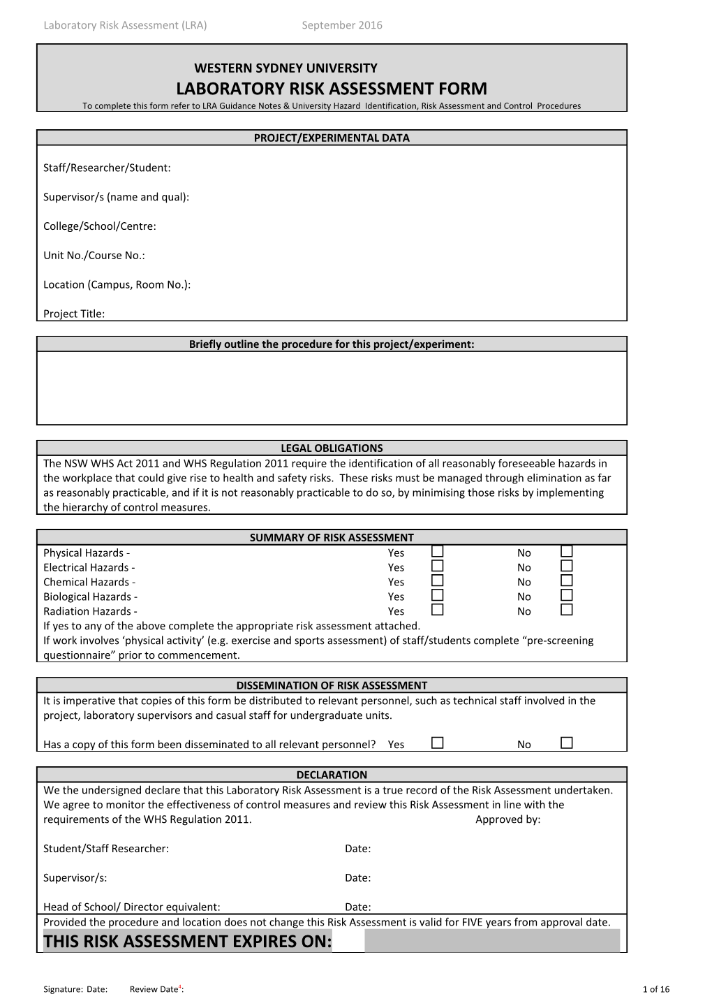 Laboratory Risk Assessment Form