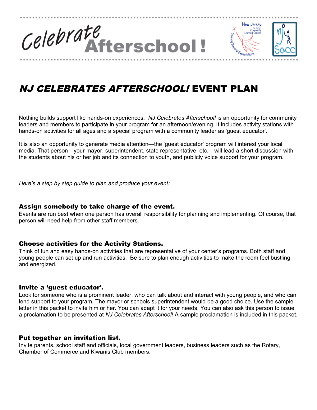 Nj Celebrates Afterschool! Event Plan