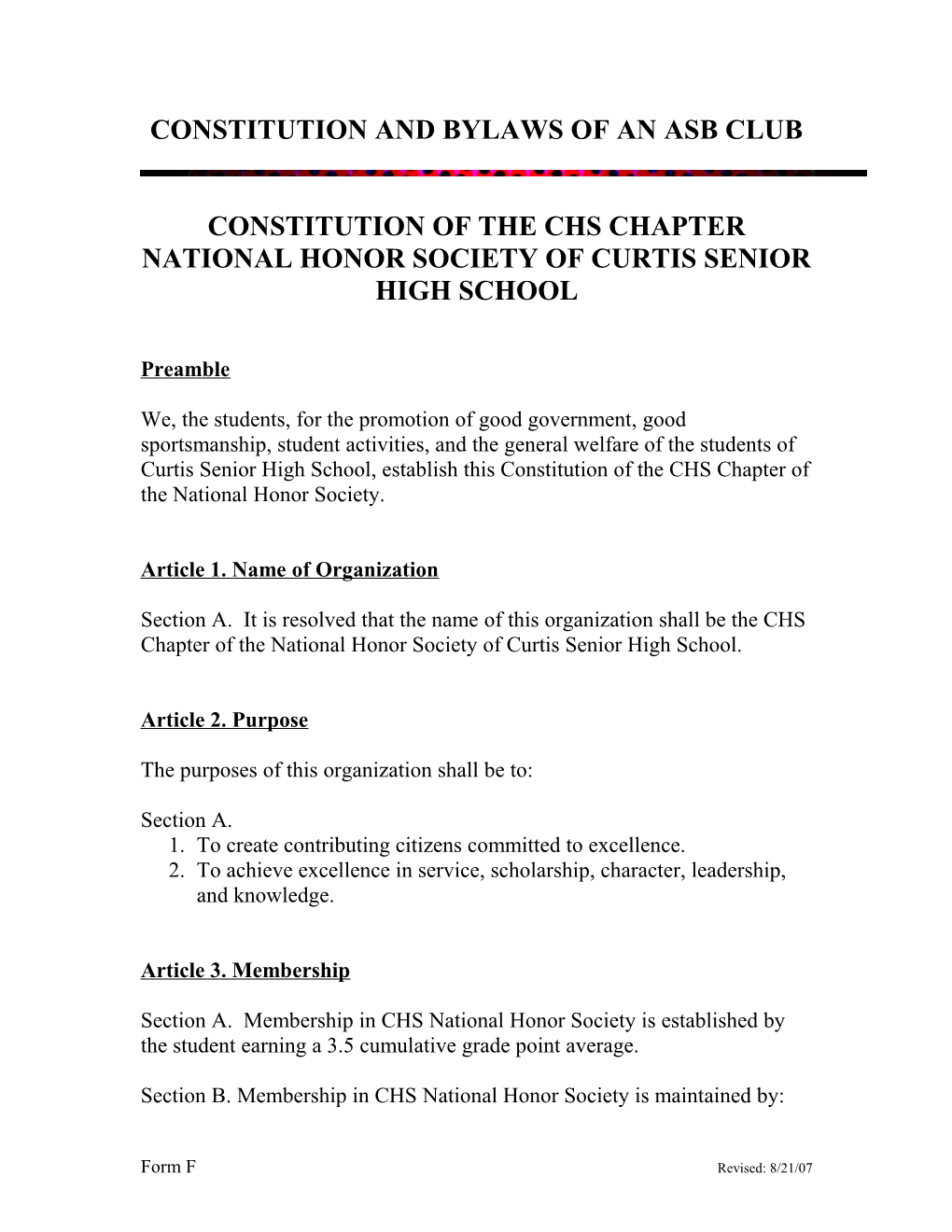 Sample Constitution and Bylaws of an Asb Club