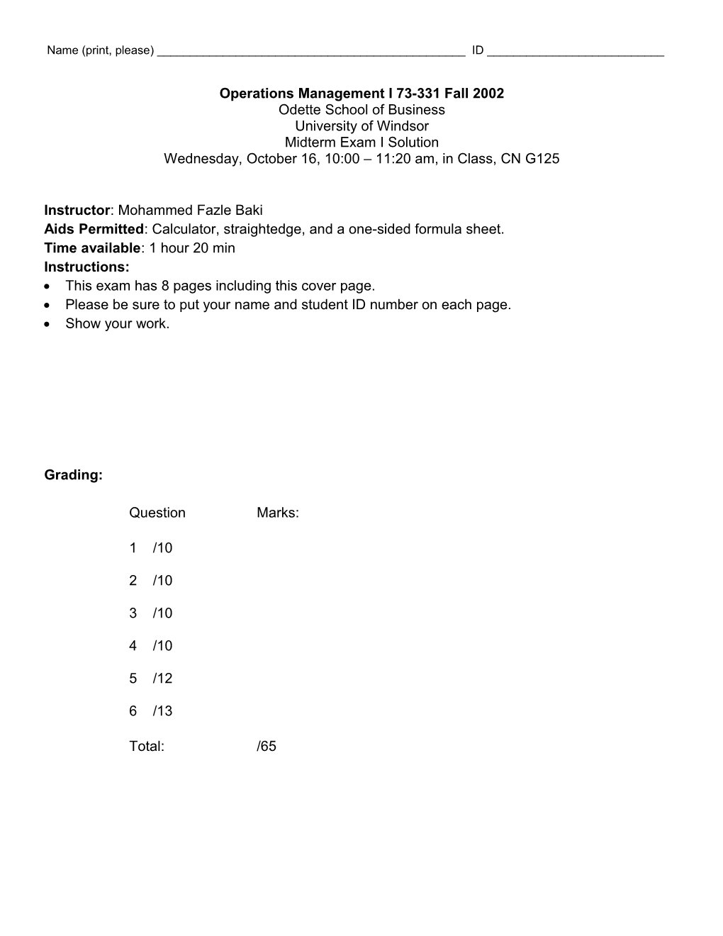 Operations Management I 73-331 Fall 2002