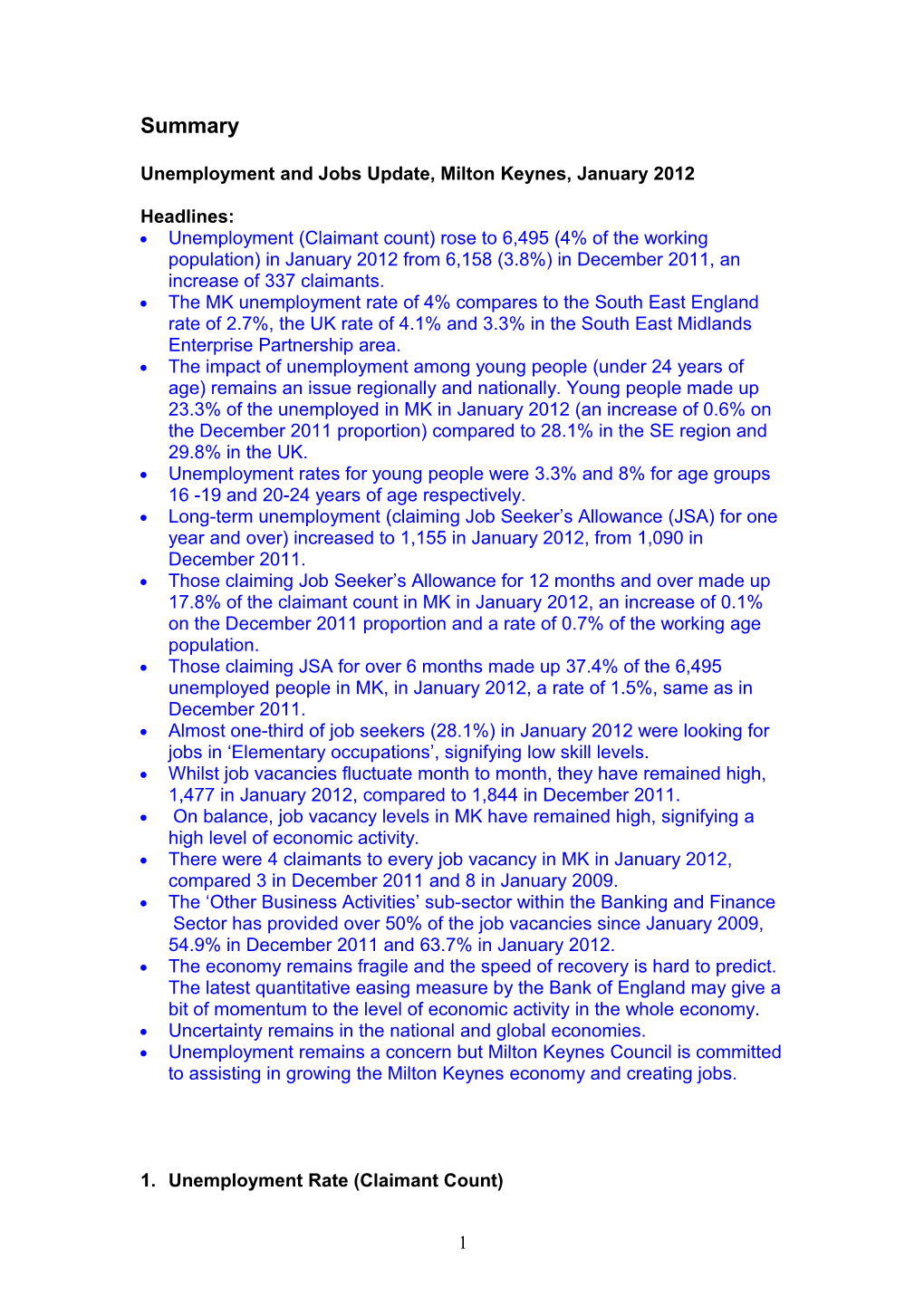 Unemployment and Jobs Update, Milton Keynes, January 2012