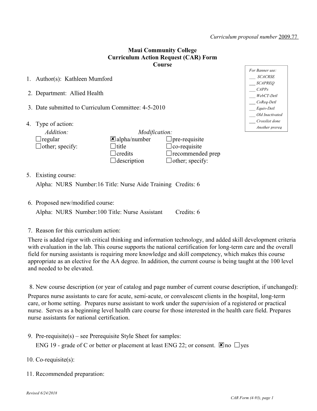 Curriculum Proposal Number 2009