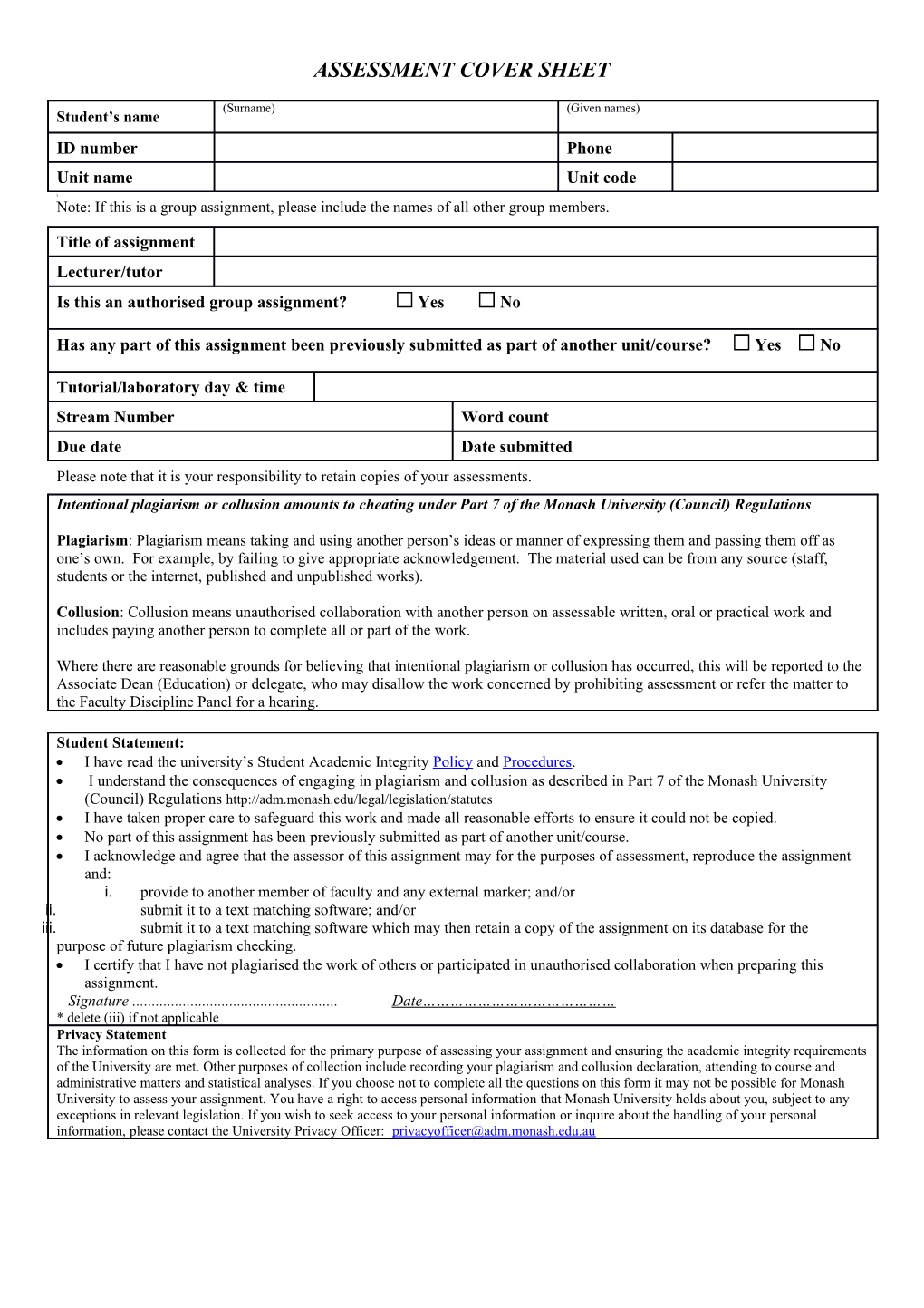 Assessment Cover Sheet