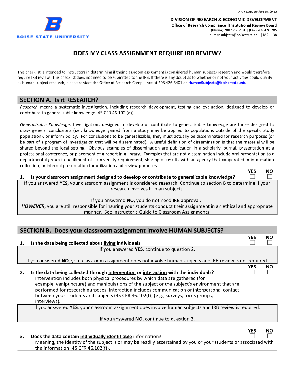 Office of Research Compliance Institutional Review Board