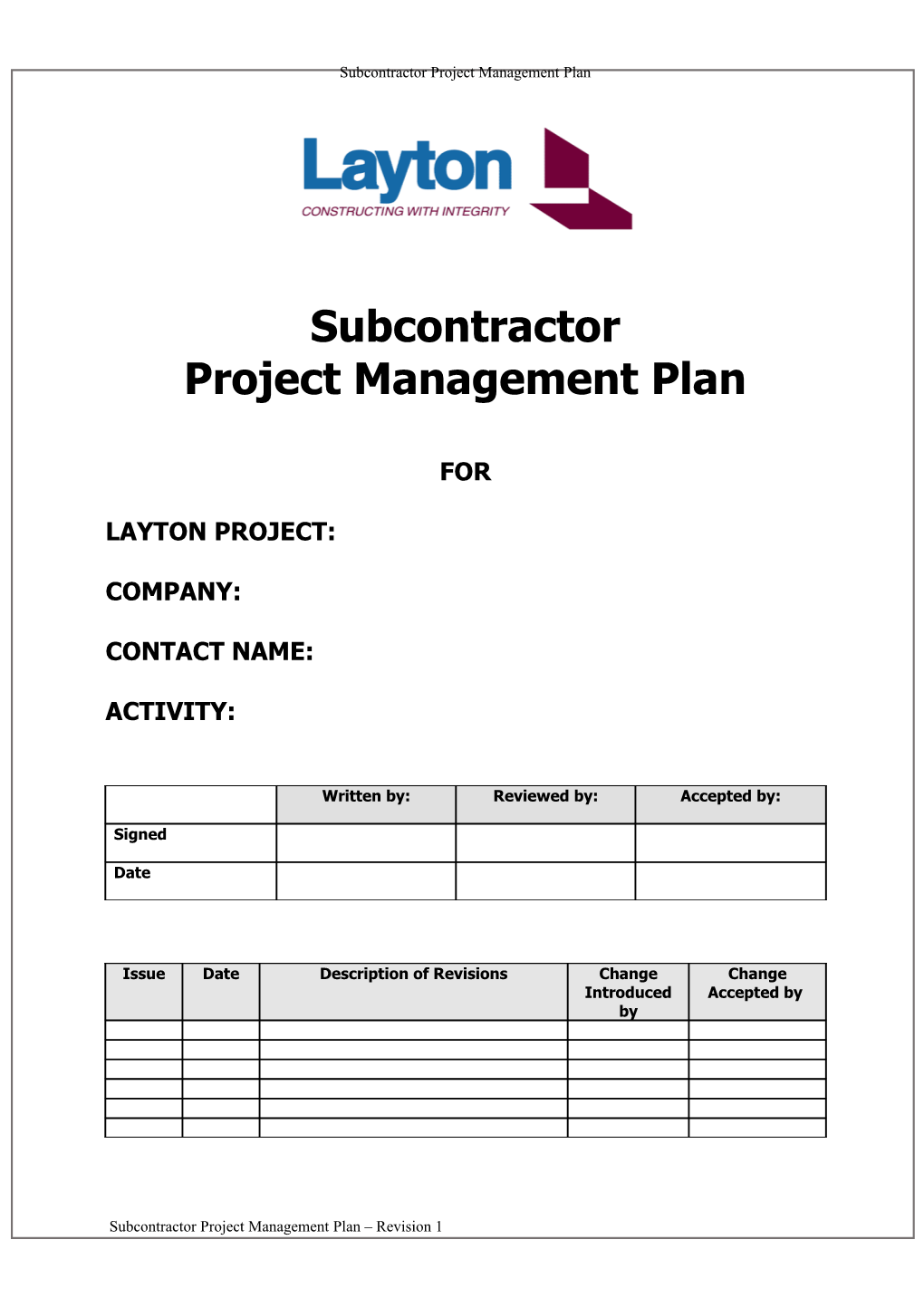 Subcontractor Project Management Plan