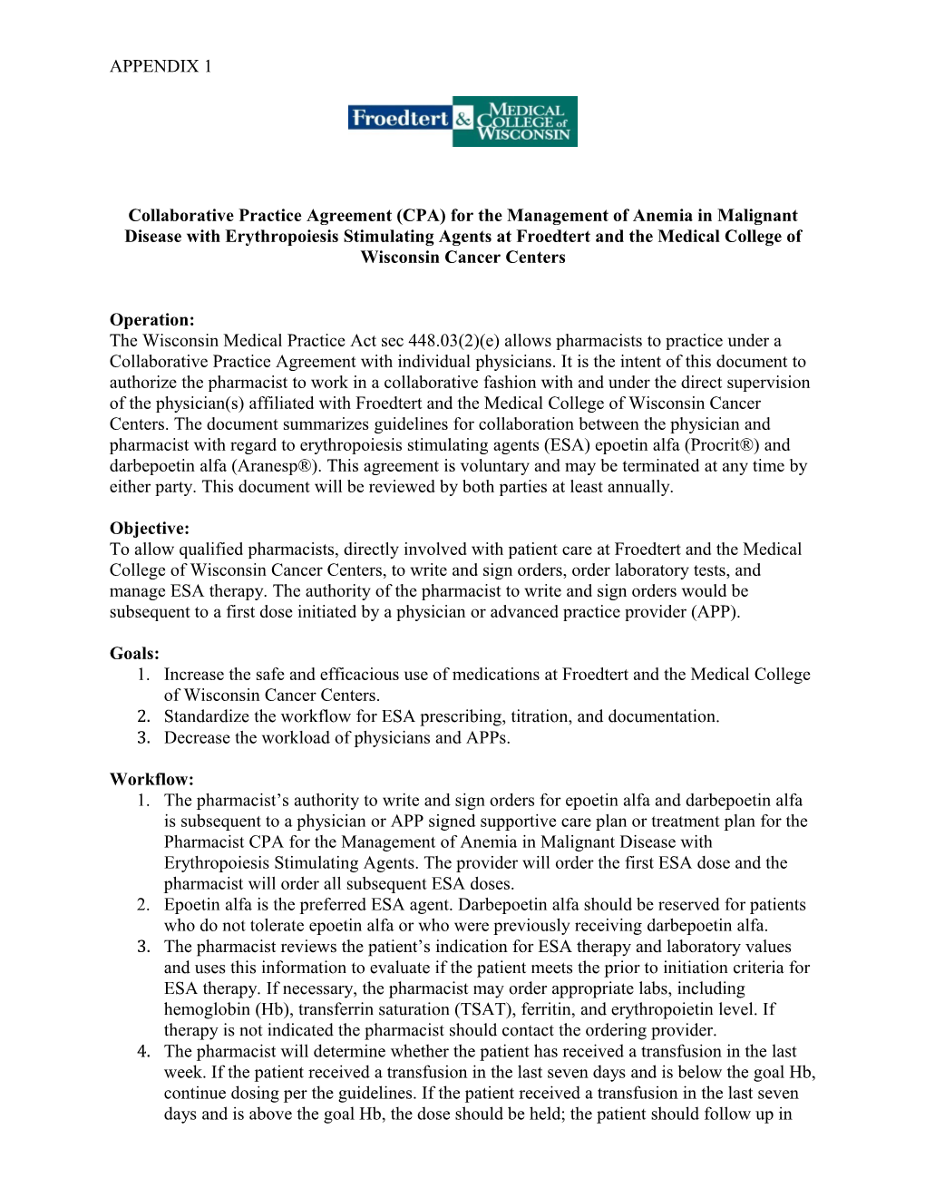 Collaborative Practice Agreement (CPA) for the Management of Anemia in Malignant Disease