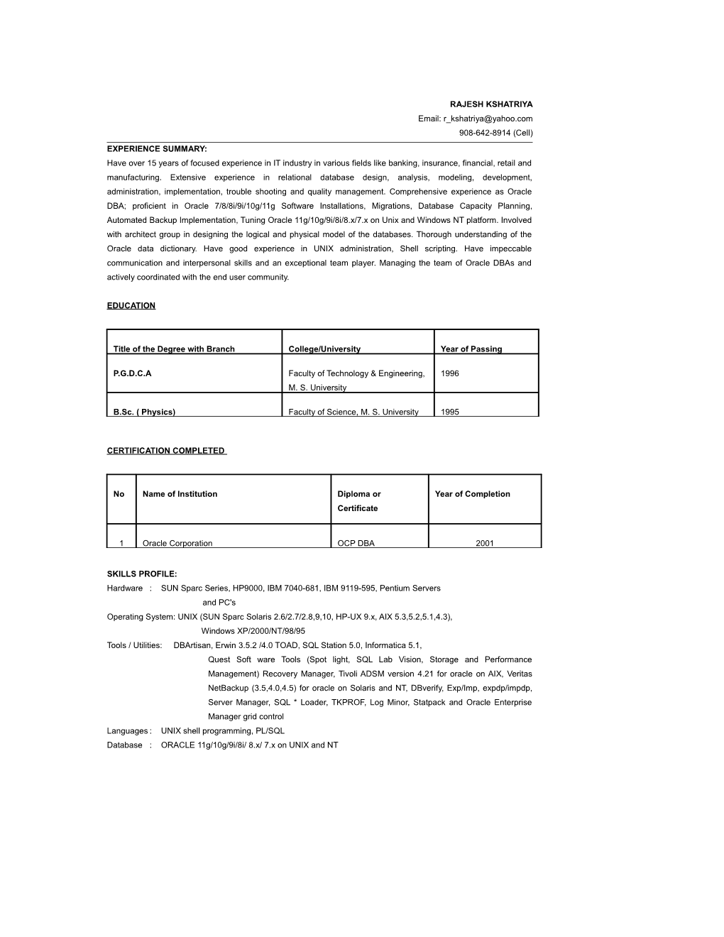 Resume of Rajesh Kshatriya