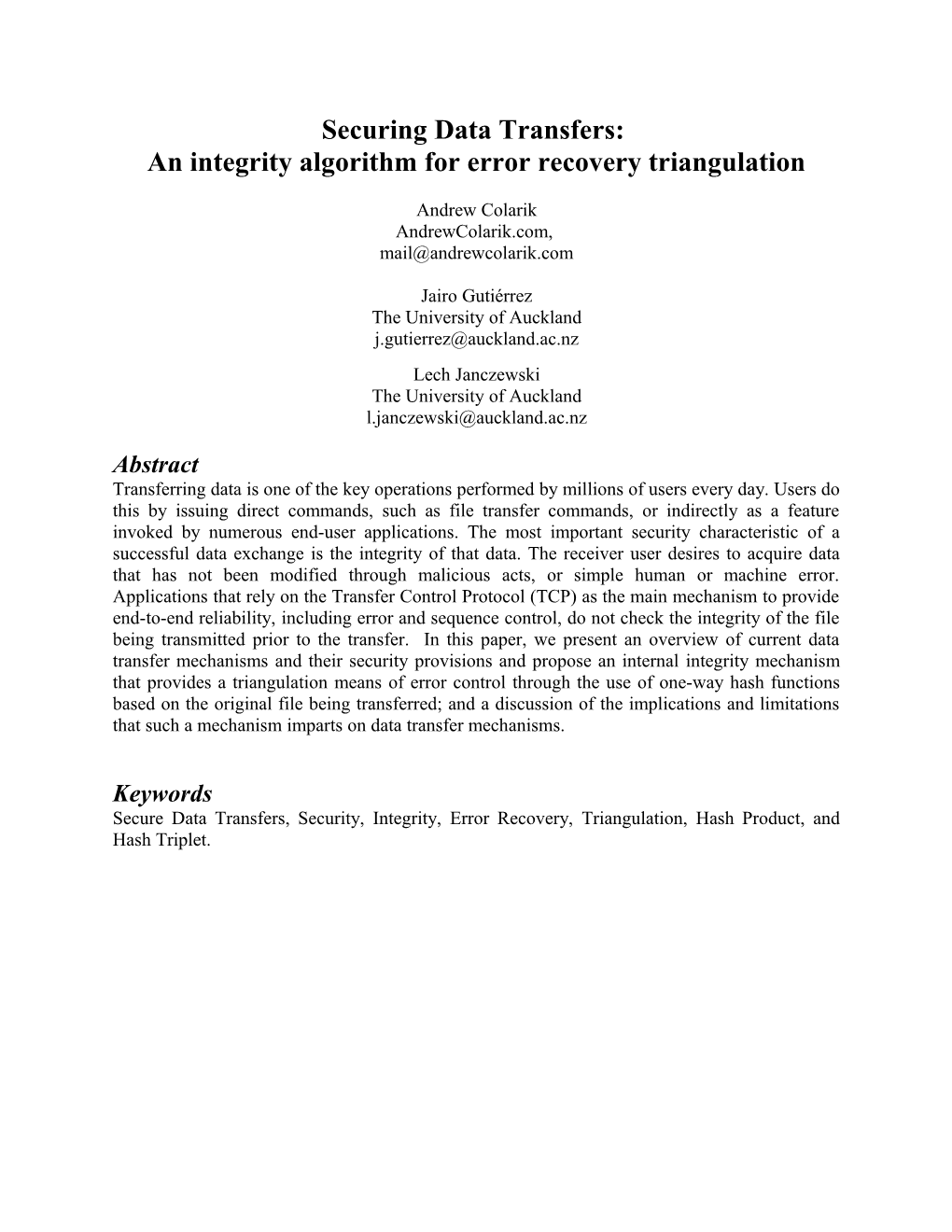 Secure FTP: an Integrity Algorithm for Error Recovery Triangulation