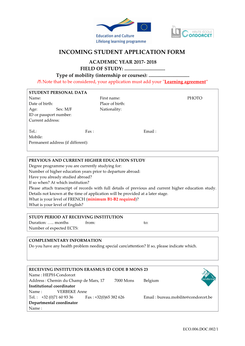 Incoming Student Application Form