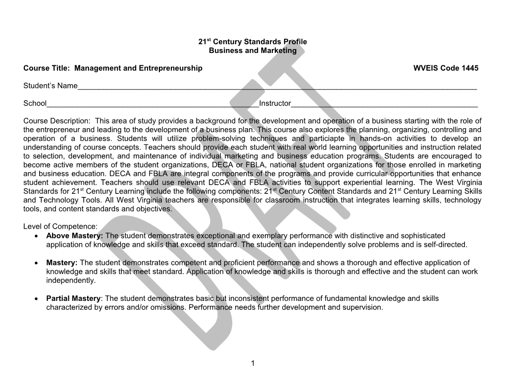 Course Title: Management and Entrepreneurship WVEIS Code 1445