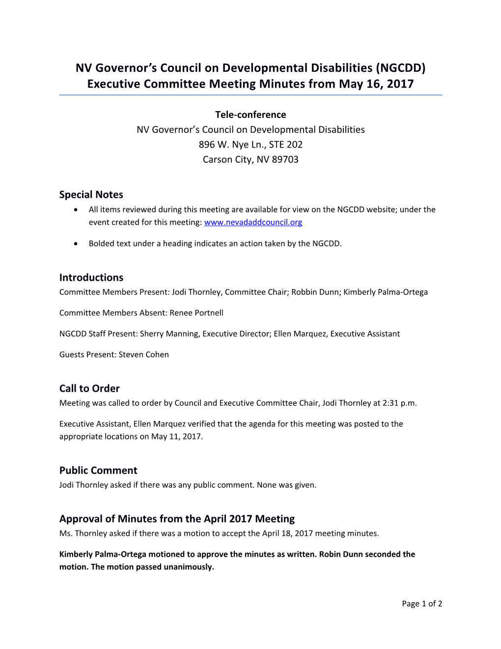 NV Governor S Council on Developmental Disabilities (NGCDD) Executive Committee Meeting