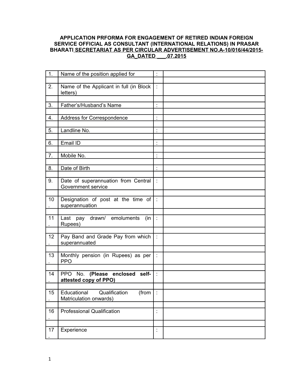 Application Prforma for Engagement of Retired Indian Foreign Service Official As Consultant