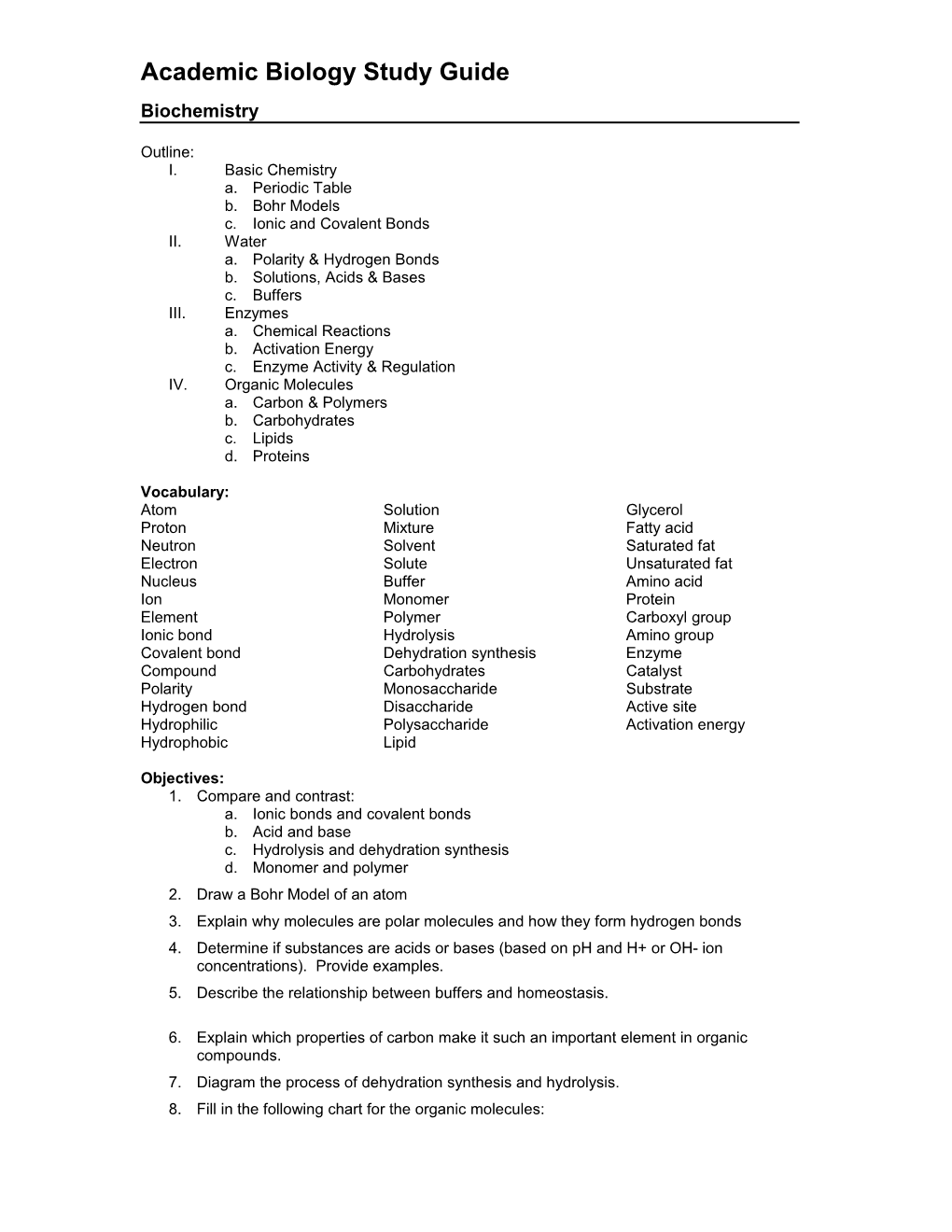 Biology Unit 2: Chemistry of Life and Macromolecules