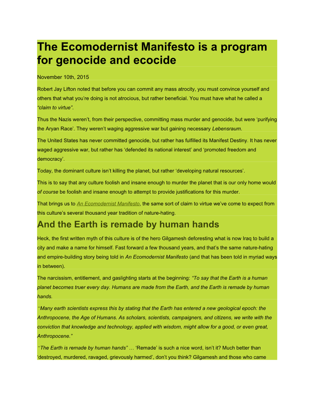 The Ecomodernist Manifesto Is a Program for Genocide and Ecocide