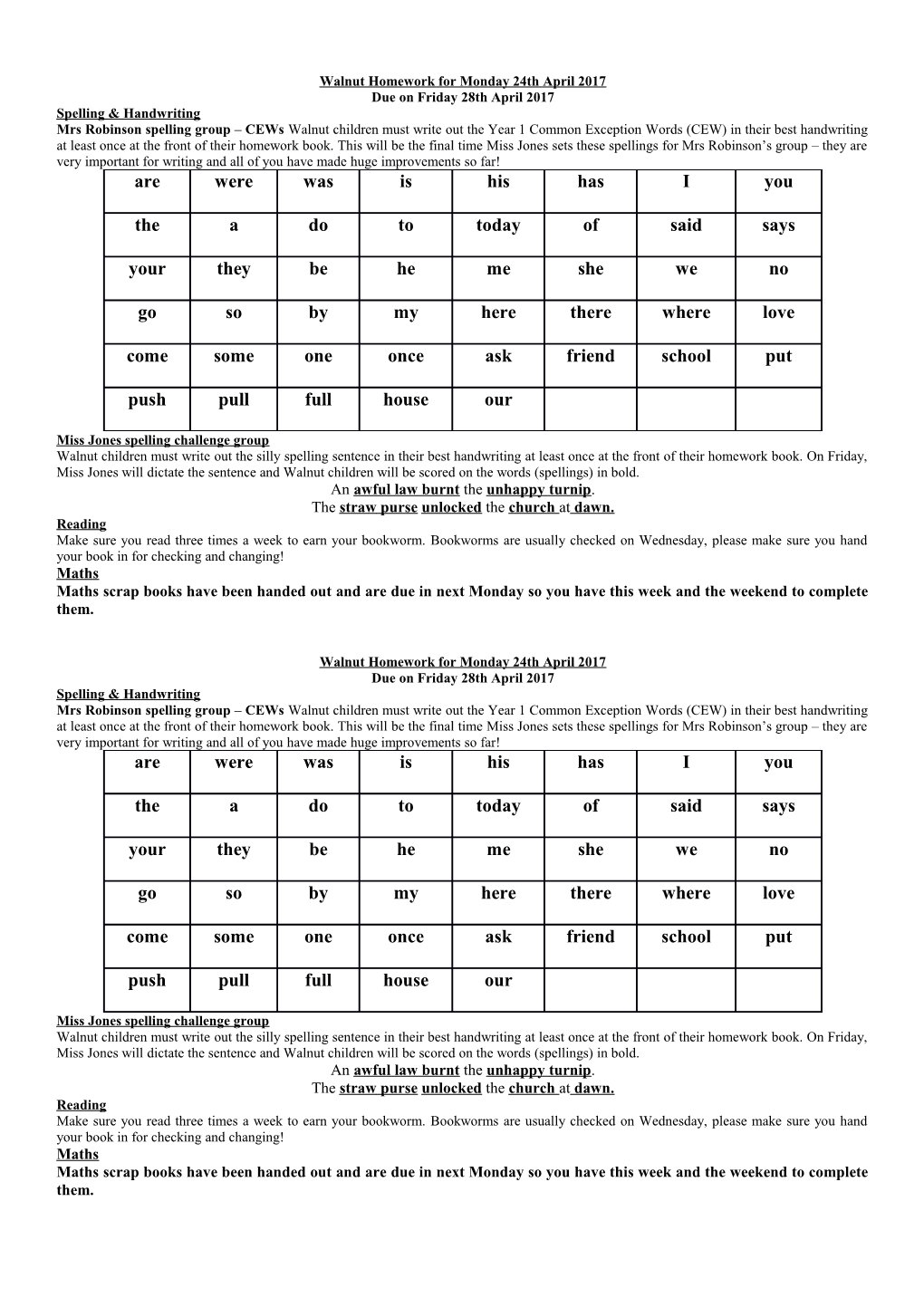 Walnut Homework for Monday 24Th April 2017