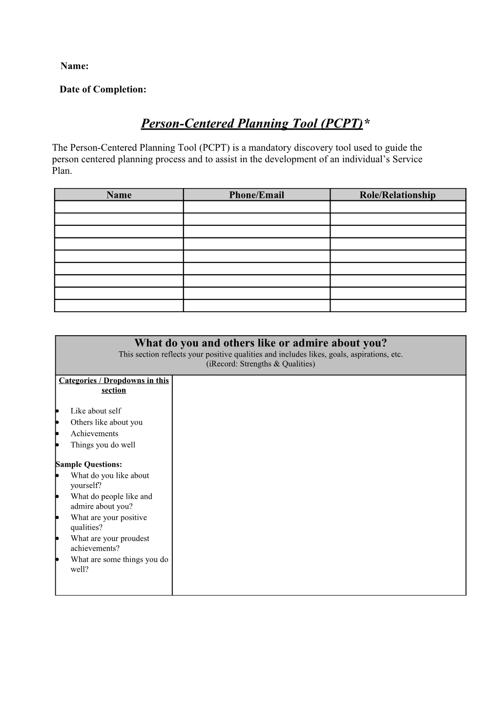 Person-Centered Planning Tool (PCPT)*