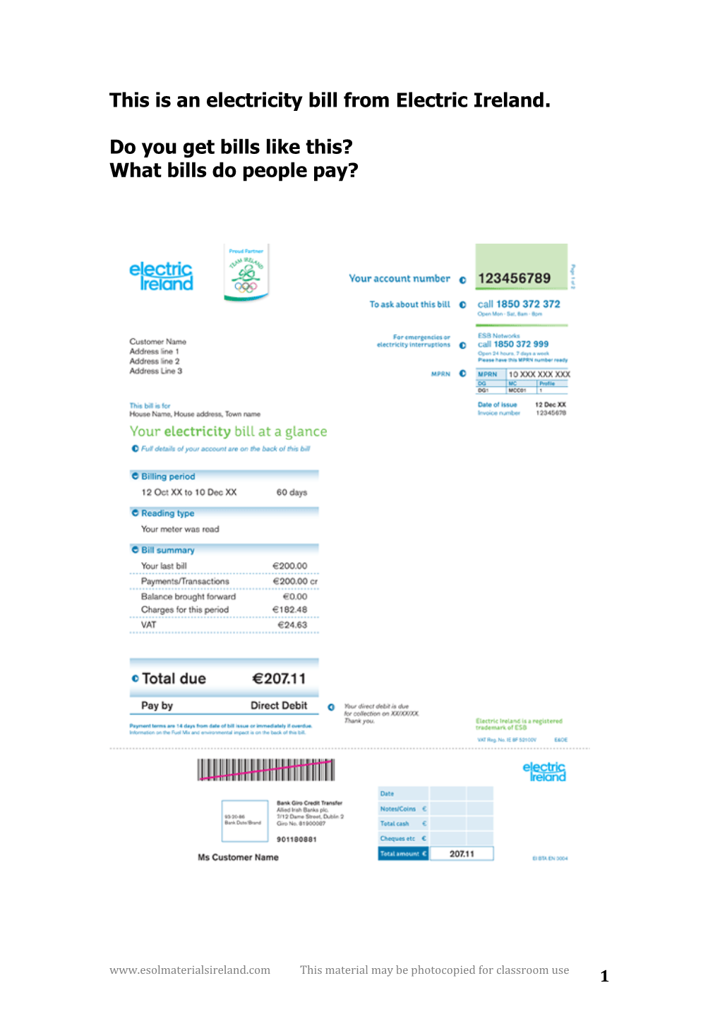 This Is an Electricity Bill from Electric Ireland