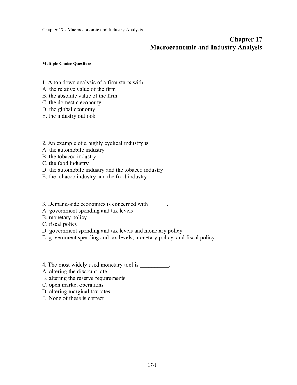 Chapter 17 Macroeconomic and Industry Analysis