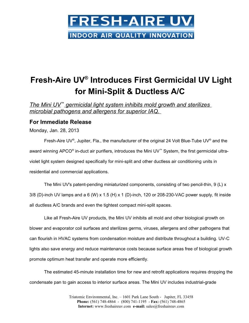 Fresh-Aire UV Introduces First Germicidal UV Light for Mini-Split & Ductless A/C