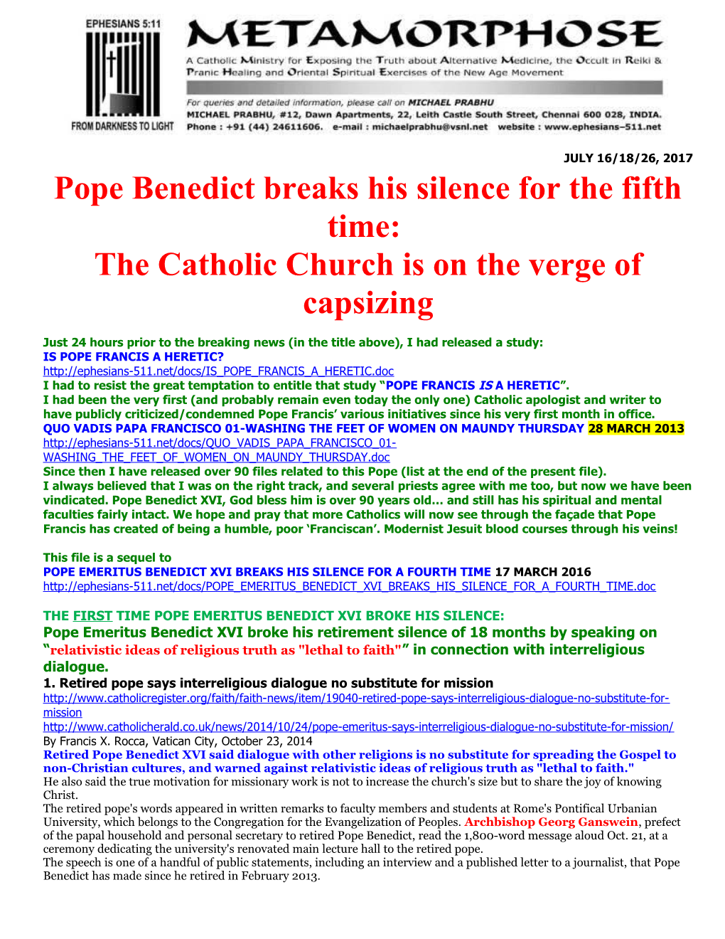 Pope Benedict Breaks His Silence for the Fifth Time