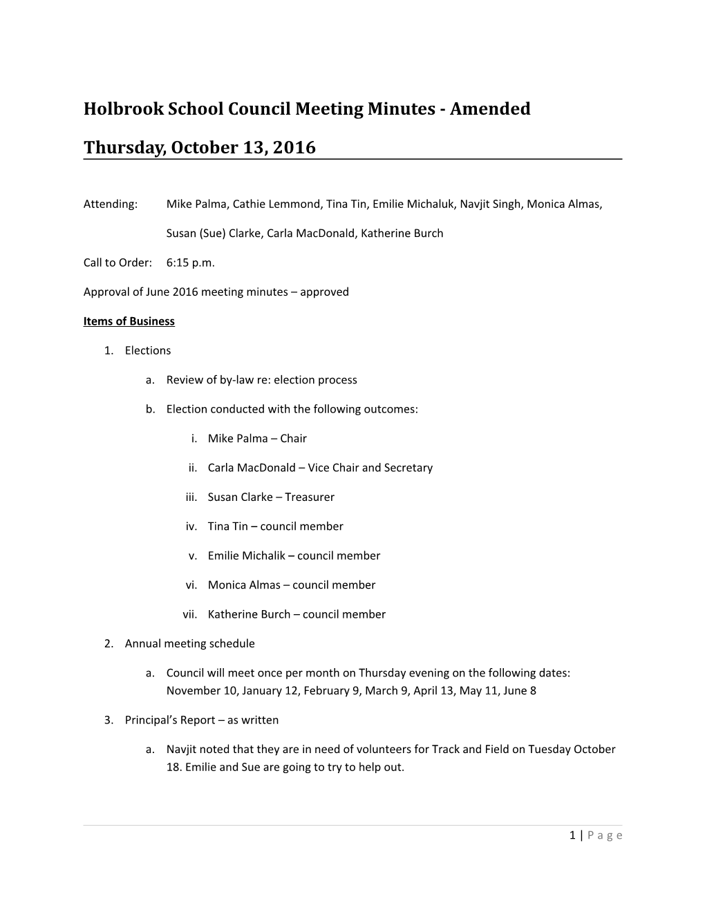 Holbrook School Council Meeting Minutes - Amended