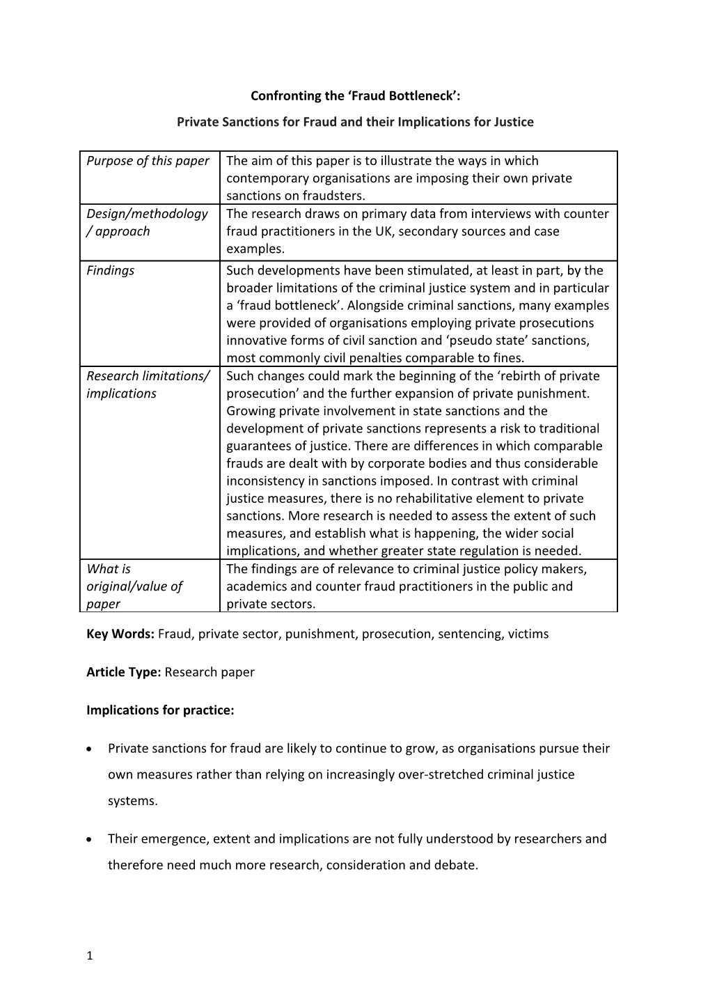 Confronting the Fraud Bottleneck : Privatesanctionsfor Fraud and Their Implications For