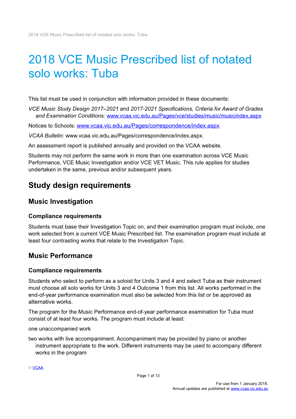 2018 VCE Music Prescribed List of Notated Solo Works: Tuba