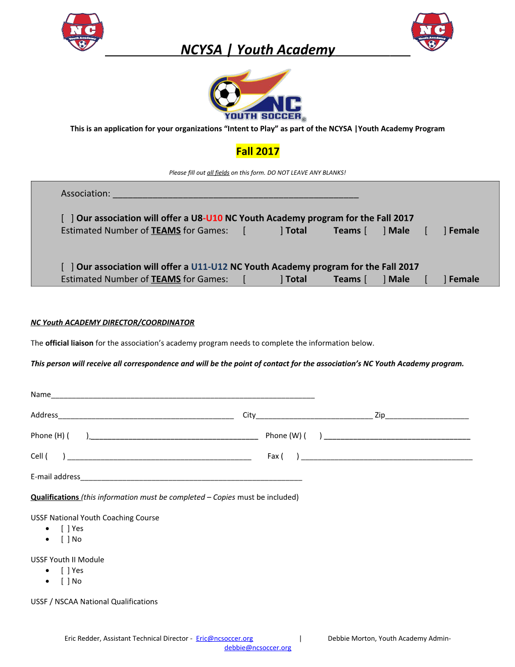 NCYSA Classic Team Registration - Intent to Play Form